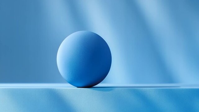 Blue spherical object gradually rolls across a textured surface under soft lighting, creating a serene visual effect in a minimalist blue environment