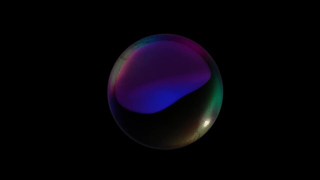 Close up of a textured iridescent orb with a deep violet core floating against a dark background for scientific discovery and tech innovation