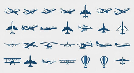 Collection of Aircraft Silhouettes - Planes, Helicopters, and Balloons. © Oki