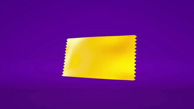 Golden ticket voucher with serrated edges floats against a solid purple background in a high end 3d render for marketing and promotional concepts