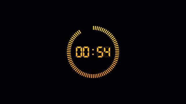 One minute countdown timer animation from 10 seconds to 0 seconds on a transparent background, One minute countdown timer with alpha channel