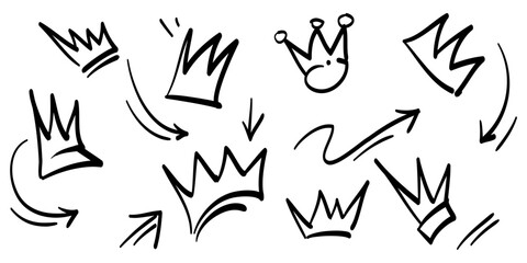 Fototapeta premium Doodle crown sign on set. hand drawn king crown symbol. isolated on white background. vector illustration