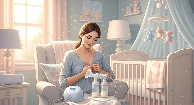 Woman using breast pump in nursery with soft lighting and cozy atmosphere