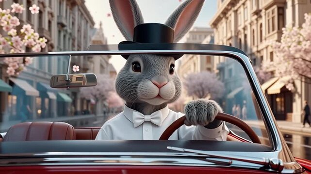 Easter bunny in top hat driving red convertible &mdash; symbol of spring holiday, joy and fairy-tale atmosphere on city street