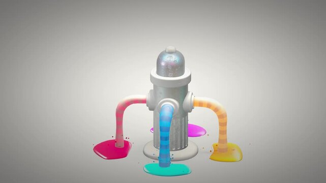 Isometric 3D render of a fire hydrant spilling a rainbow of liquid paint onto a neutral floor representing the intersection of urban utility and creative expression