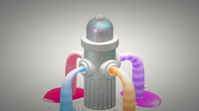 Macro shot of a textured silver fire hydrant emitting vibrant striped paint flows in a studio setting emphasizing artistic precision and bold color concepts