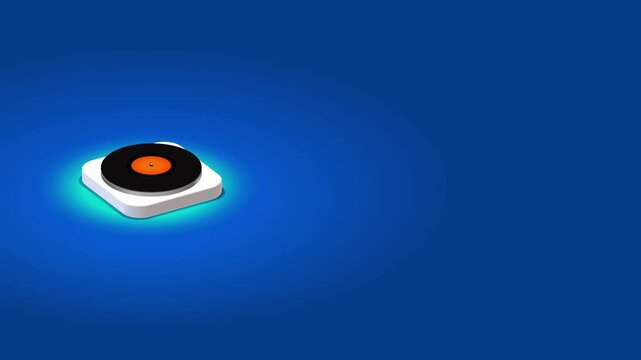 White minimalist record player with a levitating vinyl disc on a deep blue background with a glowing teal circular light for retro music and audio technology