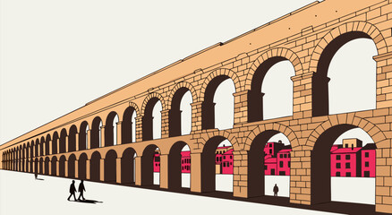 Detailed vector illustration of a long Roman aqueduct with arches, showcasing ancient architecture and urban development in historical perspective