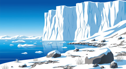 Beautiful Arctic landscape vector illustration with icebergs, sea, and rocky shore under a bright blue sky © Purnomo