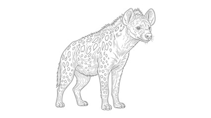 Hyena Illustration: A detailed pen-and-ink drawing of a hyena in monochrome, the sketch highlighting the animal's spotted coat, upright posture, and keen gaze. © Hasib
