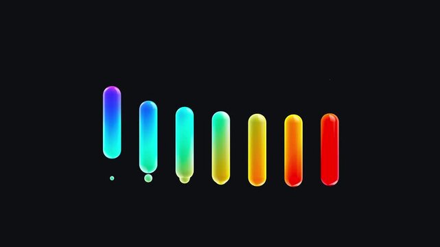 Group of 3D capsule shaped audio bars with vibrant rainbow colors and glowing highlights on a dark background representing music and digital sound analysis