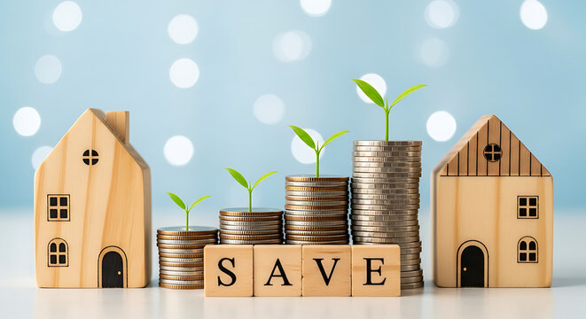 A wooden model of a house and coins with plants growing on top