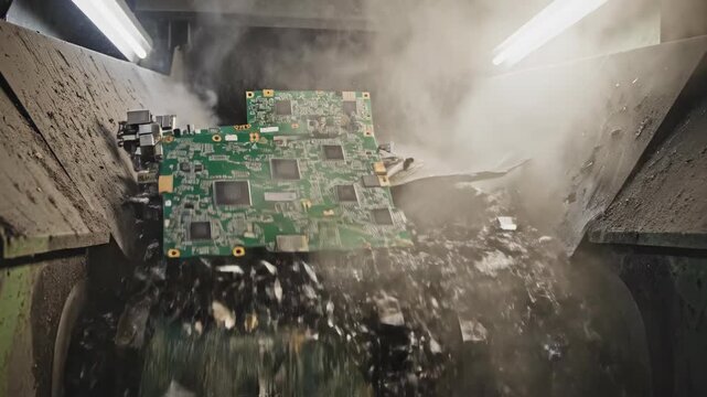 Circuit boards fed into industrial shredder. Electronic waste destruction process in recycling machine. Components pulverized into fragments for material recovery and environmental sustainability.