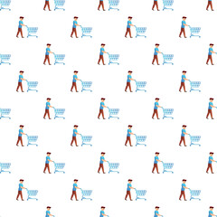 Fototapeta premium Man consumer pushing empty shopping cart in a white seamless pattern