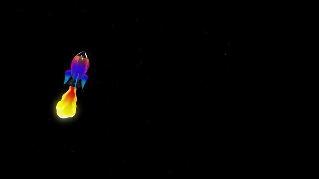 Colorful 3D rocket ship cruising through a starry void with a glowing propulsion flame trail positioned on the left side to provide ample horizontal copyspace