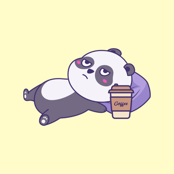 Exhausted Lazy Panda Coffee Mascot Cute Kawaii Illustration for Cafe Branding