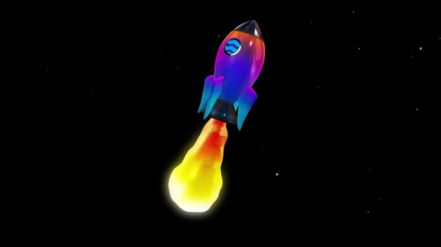 Close up 3D render of a stylized rocket ship with a blue logo window and rainbow gradient body blasting off into a dark starfield with bright engine fire