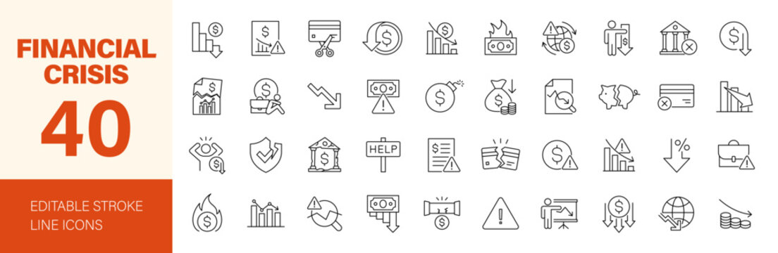 Financial crisis icon set. Editable line icons. Vector illustration.