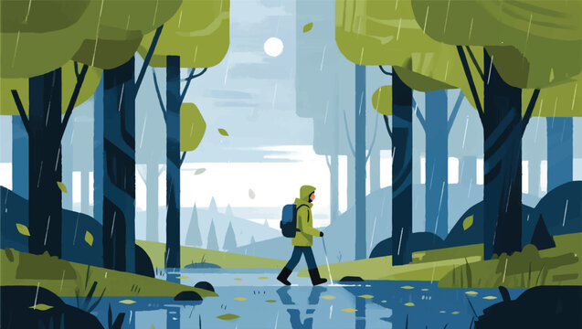 Illustration Of People Walking In An Open Forest After Rain Vector Design Template