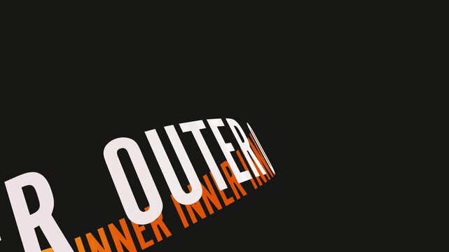 Warped 3D text animation of inner and outer orbiting in a black space symbolizing perspective shifts and organizational structure