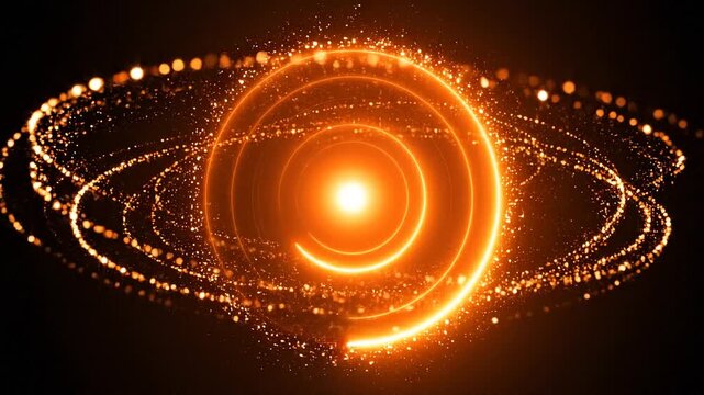 Cinematic orange light rings rotating with sparkling golden dust