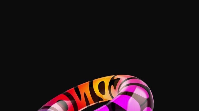 Extreme closeup of a vibrant 3D glass ring showing macro details of purple and pink patterns with realistic light reflections and a smooth glossy texture for creative design