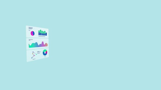 Floating data interface showing 3D charts and business analytics on a wide light blue background with plenty of negative space for copy and professional corporate design use