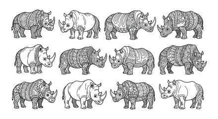 A collection of intricately patterned rhinoceros illustrations in black and white © nurjahan