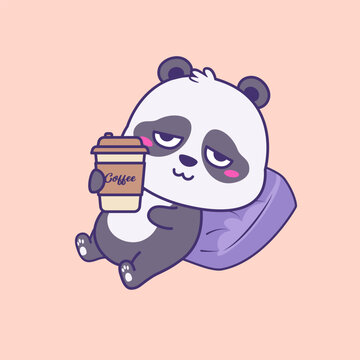Relaxed Lazy Panda Coffee Mascot Cute Kawaii Illustration for Cafe Branding