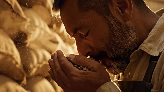 Coffee buyer examining raw beans in warehouse. Man holding handful close to face then inhaling aroma deeply. Sensory quality assessment in coffee trade process for authentic sourcing.