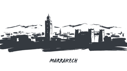 Obraz premium A minimalist black and white sketch of the Marrakech skyline, featuring iconic buildings and mountains in the background.