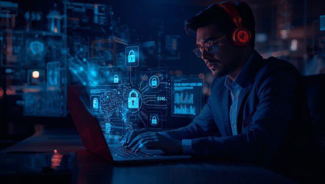 A man in a dark room works on a laptop with digital security graphics floating above the keyboard.
