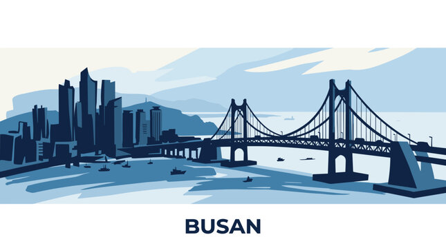 A stylized illustration of the Busan city skyline featuring a prominent suspension bridge and modern skyscrapers.