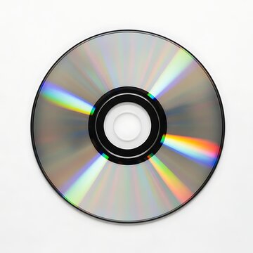 A close up view of a shiny compact disc with a black center and rainbow colored reflections