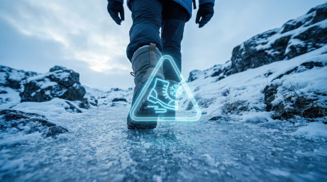 Winter Climber Walking on Icy Path with Neon Warning Sign