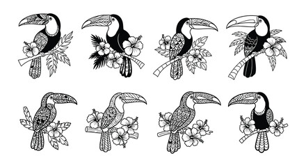 Obraz premium Stylized toucan illustrations with tropical flowers and foliage in black and white