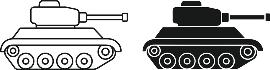 Stylized illustration of two tanks side by side showing outlined and solid silhouette designs with turret, cannon, angular armor, and road wheels for military  © MstNur