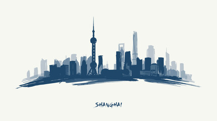 Obraz premium A minimalist, blue ink-wash style illustration of the Shanghai skyline, featuring iconic skyscrapers and the Oriental Pearl Tower.