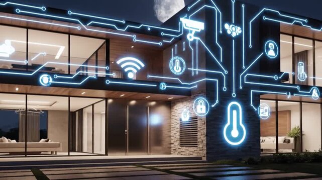 Modern smart house exterior at night with glowing digital connections