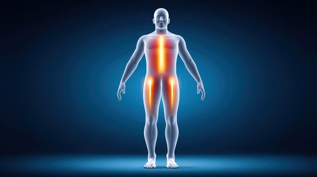 A digital rendering of a body with glowing heat maps showing fat distribution, sleek and modern.
