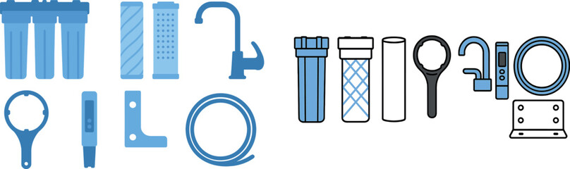 Different water filtration components are arranged neatly, including filters, a faucet, a wrench, and a hose, ideal for setting up a home filtration system.