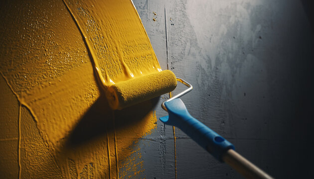 Paint Roller Applying Bright Yellow Paint On Wall Surface