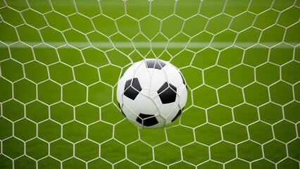 Fototapeta premium Soccer ball in goal net closeup sports action scoring a goal.