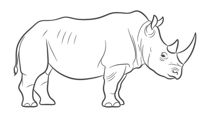 Obraz premium Rhinoceros Outline: A detailed line drawing of a rhinoceros, showcasing its powerful build and iconic horn, presented as a clean graphic resource for various design applications.