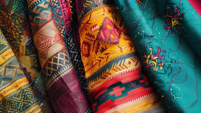 Vibrant collection of various colorful traditional fabrics with intricate patterns