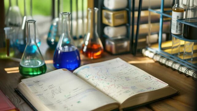 Open notebook with handwritten notes and graphs on desk surrounded by chemistry glassware in sunlight