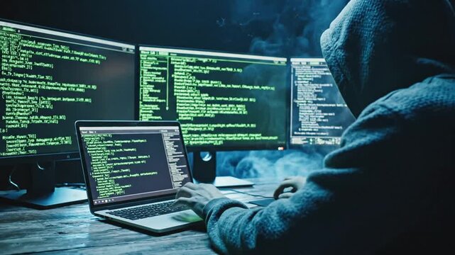 Hacker working at night with multiple monitors coding and hacking system with laptop technology