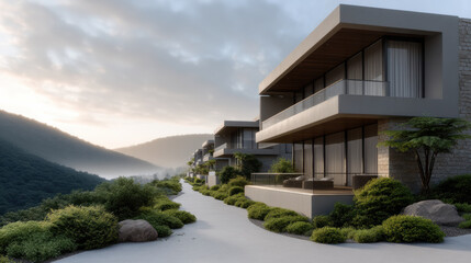 Fototapeta premium Modern luxury villa mountain view, large glass windows, spacious terrace, contemporary architecture, lush greenery, serene landscape
