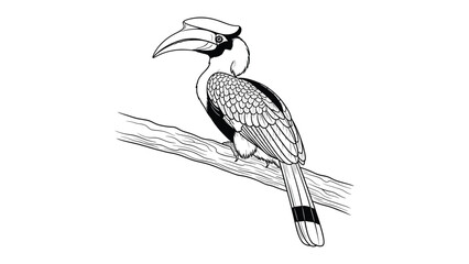 Hornbill Silhouette: A detailed pen-and-ink drawing portrays a magnificent hornbill perched on a branch, showcasing its distinctive curved beak and striking silhouette. © Murshida