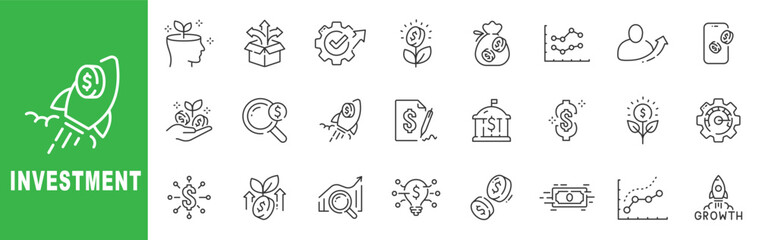 Investment outline icon set featuring financial growth, capital funding, portfolio analysis, money management, editable stroke vector design.